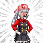  1girl alternate_costume belt blush collared_shirt cosplay double-breasted dress embarrassed emphasis_lines fake_mustache hair_ribbon hands_on_hips hat kantai_collection kasumi_(kantai_collection) long_hair long_sleeves mario mario_(cosplay) super_mario_bros. no_eyes pinafore_dress red_ribbon red_shirt remodel_(kantai_collection) ribbon shirt side_ponytail silver_hair simple_background solo steaming_body super_mario_bros. tk8d32 