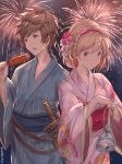  1girl absurdres blonde_hair blush blush_stickers braid brown_eyes brown_hair colored corndog djeeta_(granblue_fantasy) fireworks fish flower gran_(granblue_fantasy) granblue_fantasy hair_flower hair_ornament hairband highres japanese_clothes kimono milli0401 night night_sky short_hair sky smile sweatdrop sword twitter_username weapon yukata 