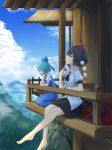  2girls balcony barefoot black_hair black_skirt black_wings blue_eyes blue_hair bow cirno clouds collared_shirt day dress elbow_rest foot_dangle from_side hair_bow hat ice ice_wings looking_afar looking_down looking_up low_wings mountain multiple_girls neck_ribbon pleated_skirt pom_pom_(clothes) puffy_short_sleeves puffy_sleeves railing red_eyes ribbon roke_(taikodon) shameimaru_aya shirt short_hair short_sleeves skirt sky tokin_hat touhou wings 