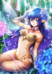  1girl artist_name bibiko blue_eyes blue_hair breasts cleavage eyebrows_visible_through_hair gloves large_breasts looking_at_viewer navel original parted_lips pointy_ears signature sitting solo white_gloves 