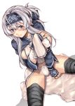  1girl ainu_clothes between_legs black_legwear blue_eyes blush breast_suppress breasts closed_mouth eyebrows_visible_through_hair folded_ponytail grey_hair hand_between_legs headband highres kamoi_(kantai_collection) kantai_collection large_breasts loincloth_lift long_hair looking_at_viewer panties raid_slash sidelocks sitting solo tears thick_eyebrows thigh-highs underwear white_background white_panties 