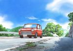  absurdres blue_sky car clouds commentary day grass ground_vehicle highres hill hirota_(masasiv3) license_plate mini_cooper motor_vehicle no_humans outdoors railing reflection road scenery sky tree 