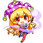  &gt;:d 1girl :d american_flag_dress american_flag_legwear arm_up asymmetrical_clothes asymmetrical_legwear bangs bare_arms blonde_hair blush_stickers chibi clownpiece commentary dress eyebrows_visible_through_hair fairy_wings hat holding jester_cap long_hair looking_at_viewer lowres neck_ruff open_mouth pantyhose pink_eyes polka_dot polka_dot_hat purple_hat renren_(ah_renren) short_sleeves simple_background smile solo standing standing_on_one_leg torch touhou very_long_hair white_background wings 