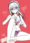  :3 alpha_(yukai_na_nakamatachi) barefoot bra character_name commentary_request copyright_name dated evangelion:_2.0_you_can_(not)_advance glasses hairband highres jpeg_artifacts lingerie low_twintails makinami_mari_illustrious nail_polish navel neon_genesis_evangelion panties purple_bra purple_nails purple_panties rebuild_of_evangelion red_background simple_background toenail_polish twintails underwear underwear_only 