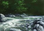  absurdres foam forest grass highres hirota_(masasiv3) nature no_humans outdoors river rock scenery tree 