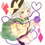  :d black_hat blush bow eyeball frilled_shirt_collar frilled_sleeves frills green_eyes green_hair green_skirt hat hat_bow heart heart-shaped_pupils heart_of_string honotai koishi_day komeiji_koishi long_sleeves looking_at_viewer open_mouth shirt short_hair skirt smile solo symbol-shaped_pupils third_eye touhou wide_sleeves yellow_bow yellow_shirt 