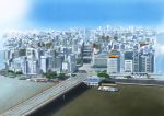  absurdres blue_sky building car city cityscape commentary day ground_vehicle highres highway hirota_(masasiv3) motor_vehicle outdoors river road scenery ship sky skyline skyscraper street tokyo_(city) tree watercraft 