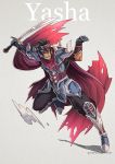  1boy armor black_hair cape fire_emblem fire_emblem_echoes:_mou_hitori_no_eiyuuou fire_emblem_gaiden full_body gauntlets greaves grey_(fire_emblem) grey_background grin gzei helm helmet holding holding_sword holding_weapon looking_at_viewer scimitar short_hair simple_background smile solo sword weapon 