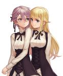  2girls :&lt; ange_(princess_principal) arm_around_waist blonde_hair blue_eyes braid eye_contact highres long_hair looking_at_another multiple_girls princess_(princess_principal) princess_principal purple_hair school_uniform smile standing yuri 