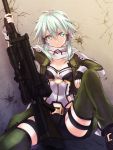  &gt;:/ 1girl :/ anti-materiel_rifle aqua_hair black_gloves breasts bullet_hole commentary fingerless_gloves gloves green_eyes gun hair_ornament hairclip highres long_sleeves looking_at_viewer rifle scarf shinon_(sao) short_hair short_hair_with_long_locks short_shorts shorts silve sitting small_breasts sniper_rifle solo spread_legs sword_art_online thigh_strap weapon 