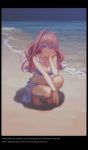  1girl absurdres ahoge animal_ears beach breasts cat_ears cleavage closed_mouth e=mc2_(qq53712033) english highres large_breasts long_hair looking_away navel original pink_hair smile solo squatting violet_eyes windowboxed 