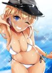  1girl bangs bikini blonde_hair blue_eyes blush breasts cleavage collarbone grin hat highres kantai_collection leaning_forward long_hair looking_at_viewer medium_breasts nail_polish navel one_eye_closed peaked_cap prinz_eugen_(kantai_collection) purple_nails side-tie_bikini skindentation smile solo swimsuit tan twintails twisted_torso v white_bikini wristband youkan_(mattya_youkan) 