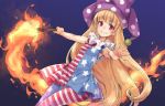  1girl american_flag_dress bangs bare_arms blonde_hair blue_background blush clownpiece cowboy_shot eyebrows_visible_through_hair fire frilled_shirt_collar frills hat holding jester_cap long_hair looking_at_viewer polka_dot red_eyes simple_background sleeveless smile solo torch touhou usotsuki_penta very_long_hair 