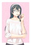  1girl alternate_costume black-framed_eyewear black_hair blouse blue_eyes casual collarbone glasses hairband highres long_hair looking_at_viewer ooyodo_(kantai_collection) parted_lips semi-rimless_glasses solo touhou under-rim_glasses upper_body white_blouse yuuji_(and) 