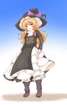  1girl bloomers blush boots commentary forbidden_scrollery from_below grin hat kirisame_marisa long_hair long_sleeves looking_at_viewer marikichi_aniki messy_hair petticoat smile solo touhou trench_coat turtleneck underwear wavy_hair witch_hat 