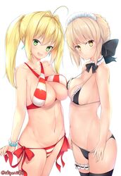  2girls :d ahoge artoria_pendragon_(all) artoria_pendragon_(swimsuit_rider_alter)_(fate) asymmetrical_docking bikini black_bikini black_legwear black_ribbon blonde_hair blush bracelet breast_press breasts chiyami detached_collar earrings fate/grand_order fate_(series) green_eyes hair_ribbon highres jewelry large_breasts leg_garter long_hair looking_at_viewer maid_bikini maid_headdress medium_breasts multiple_girls navel nero_claudius_(swimsuit_caster)_(fate) open_mouth ribbon saber_alter saber_extra short_hair simple_background smile standing striped striped_bikini swimsuit thigh-highs twintails twitter_username white_background yellow_eyes 