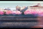  absurdres blue_sky building cable cherry_blossoms cityscape highres house no_humans original railroad_tracks scenery sky skyline stone tree xi_chen_chen 