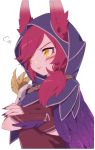  angry animal_ears bangs crossed_arms feathers hood league_of_legends looking_away nail_polish pink_hair pout purple_nails side_ponytail swept_bangs uso_(ameuzaki) violet_eyes whisker_markings xayah yellow_eyes 