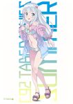  1girl absurdres bangs bikini blue_eyes bow bow_bikini eromanga_sensei eyebrows_visible_through_hair feet frilled_bikini frills full_body hair_bow highres hood hoodie izumi_sagiri kanzaki_hiro long_hair looking_at_viewer navel open_clothes open_hoodie open_mouth pink_bow sandals silver_hair solo standing swimsuit tareme thighs toes 