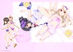  2girls ;d absurdres barefoot bed_sheet bikini black_hair blonde_hair blue_panties blue_ribbon bow brown_eyes collarbone copyright_name eyebrows_visible_through_hair fate/kaleid_liner_prisma_illya fate/stay_night fate_(series) feet flat_chest frilled_panties frills from_above full_body hair_bow hair_ornament hairband hairclip highres illyasviel_von_einzbern locked_arms long_hair looking_at_viewer lying midriff miyu_edelfelt multiple_girls navel on_back on_side one_eye_closed open_mouth page_number panties parted_lips pink_bow pink_shorts purple_bikini purple_bow purple_hairband red_eyes red_ribbon ribbon see-through shiny shiny_skin short_shorts shorts smile solo stomach strapless swimsuit toes underwear underwear_only white_bikini wrist_cuffs wrist_ribbon 