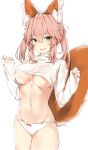  1girl animal_ears bangs blush bow bow_panties breasts cleavage cowboy_shot eyebrows_visible_through_hair fang fate/extra fate_(series) fox_ears fox_tail groin hair_between_eyes hair_bow hands_up highres hips large_bow large_breasts long_hair looking_at_viewer navel no_bra open_mouth panties pink_hair red_bow sidelocks silver_(chenwen) simple_background sleeves_past_wrists smile solo sweater tail tamamo_(fate)_(all) tamamo_no_mae_(fate) teeth thighs tsurime turtleneck turtleneck_sweater under_boob underwear white_background white_bow white_panties white_sweater yellow_eyes 