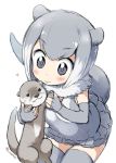 1girl :&gt; artist_name blush commentary_request elbow_gloves eyebrows_visible_through_hair fingerless_gloves fur_collar gloves grey_eyes grey_gloves grey_hair grey_legwear grey_swimsuit heart kemono_friends multicolored_hair one-piece_swimsuit otter otter_ears otter_tail risumai short_hair simple_background small-clawed_otter_(kemono_friends) smile solo swimsuit tail thigh-highs twitter_username two-tone_hair white_background white_hair