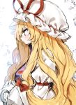  1girl blonde_hair bow dress hair_bow hat hat_ribbon long_hair long_sleeves mob_cap piyokichi profile puffy_sleeves red_bow red_ribbon ribbon simple_background solo tabard touhou very_long_hair white_background white_dress white_hat yakumo_yukari yellow_eyes 