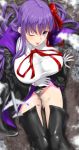  1girl absurdres bb_(fate)_(all) bb_(swimsuit_mooncancer)_(fate) black_coat boots breasts city clouds coat collared_leotard destruction fate/grand_order fate_(series) from_above giantess gloves ground_vehicle hair_ribbon highres large_breasts long_hair looking_at_viewer one_eye_closed panties panty_peek purple_hair rakia_(ds00309) ribbon size_difference smile solo taut_clothes thigh-highs thigh_boots tokyo_sky_tree tongue tongue_out train underwear very_long_hair violet_eyes white_gloves white_panties 