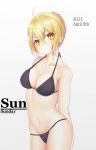  1girl 2017 ahoge arms_behind_back artoria_pendragon_(all) artoria_pendragon_(swimsuit_rider_alter)_(fate) bangs bare_arms bare_shoulders bikini black_bikini blonde_hair braid breasts cleavage closed_mouth collarbone contrapposto cowboy_shot dated ellenprince181 eyebrows_visible_through_hair eyelashes fate/grand_order fate/stay_night fate_(series) french_braid groin hair_between_eyes hair_bun halter_top halterneck highres legs_together looking_at_viewer medium_breasts midriff navel saber_alter short_hair sidelocks solo standing stomach strap_gap swimsuit yellow_eyes 