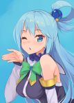  1girl ;o aqua_(konosuba) bangs bare_shoulders blue_background blue_choker blue_eyes blue_hair blush bow bowtie breasts brooch choker commentary_request detached_sleeves eyebrows_visible_through_hair frilled_choker frills gem green_bow green_bowtie hair_bobbless hair_rings highres jewelry kono_subarashii_sekai_ni_shukufuku_wo! long_hair long_sleeves looking_at_viewer medium_breasts one_eye_closed open_mouth palms simple_background solo tam-u tsurime upper_body very_long_hair 