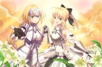  2girls :d ahoge armor artoria_pendragon_(all) black_ribbon blonde_hair blue_eyes braid breasts detached_sleeves fate/grand_order fate_(series) faulds gauntlets hair_ribbon headpiece janne_d&#039;arc multiple_girls open_mouth plackart ponytail ribbon ruler_(fate/apocrypha) saber_lily skyrail smile 