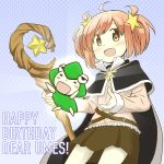  1girl :d aoki_ume brown_skirt capelet hair_ornament happy_birthday highres holding holding_staff kirara_(kirara_fantasia) kirara_fantasia kyousuke_(orcein) open_mouth pink_eyes pink_hair skirt smile staff star star_hair_ornament two_side_up 
