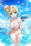  1girl :d animal artist_name bangs bare_arms bare_legs bare_shoulders beach bikini bird blue_eyes blue_sky blush breasts cleavage clouds cloudy_sky collarbone contrapposto cowboy_shot day eyebrows_visible_through_hair fingernails frilled_bikini frills girls_frontline gluteal_fold hair_between_eyes hair_bun hair_intakes hair_ornament hairband halter_top halterneck hands_up holding large_breasts legs_together long_fingernails looking_at_viewer midriff narae navel ocean open_mouth outdoors palm_tree partially_submerged seagull shawl short_hair side_bun sidelocks sky smile snowflake_hair_ornament solo sparkle standing stomach suomi_kp31_(girls_frontline) swimsuit thigh_gap thighs tree trigger_discipline tsurime upper_teeth water water_drop white_bikini 