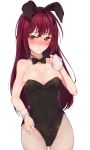  1girl animal_ears black_bow black_bowtie black_leotard blush bow bowtie breasts bunnysuit cleavage cowboy_shot detached_collar fate/grand_order fate_(series) fishnet_pantyhose fishnets highres hplay leotard long_hair medium_breasts pantyhose purple_hair rabbit_ears red_eyes scathach_(fate/grand_order) simple_background solo strapless strapless_leotard white_background wrist_cuffs 