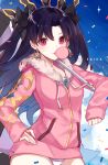  1girl artist_name black_bow black_hair blush bow chewing_gum earrings eyebrows_visible_through_hair fate/grand_order fate_(series) hair_bow hand_on_hip highres hoop_earrings ishtar_(fate/grand_order) jewelry long_hair looking_at_viewer pink_eyes pink_jacket saika_(saika_nyan) solo sparkle standing swimsuit swimsuit_under_clothes tohsaka_rin two_side_up 