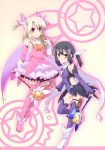  absurdres black_hair blonde_hair boots brown_eyes covered_navel detached_sleeves fate/kaleid_liner_prisma_illya fate_(series) feathers full_body gloves hair_feathers hair_ribbon highres holding holding_staff holster illyasviel_von_einzbern layered_skirt long_hair looking_at_viewer magical_girl miniskirt miyu_edelfelt one_leg_raised parted_lips pink_boots purple_legwear purple_loetard red_eyes ribbon sidelocks skirt smile staff standing thigh-highs thigh_boots thigh_holster two_side_up white_feathers white_gloves white_ribbon white_skirt 