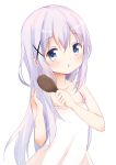  1girl blue_eyes blue_hair dress gochuumon_wa_usagi_desu_ka? hair_brush hair_brushing hair_ornament hairclip highres kafuu_chino long_hair open_mouth solo sundress tsubaki_(tatajd) upper_body white_dress 