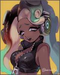  1girl black_eyes black_hair breasts cleavage crop_top dark_skin green_hair headphones iida_(splatoon) katsuoboshi long_hair medium_breasts mole mole_under_mouth multicolored_hair octarian open_mouth smile solo splatoon splatoon_2 tentacle_hair twitter_username two-tone_hair upper_body zipper 