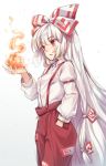  1girl bangs bow breath collared_shirt cowboy_shot eyebrows_visible_through_hair fire fujiwara_no_mokou hair_bow hand_in_pocket highres long_hair long_sleeves looking_to_the_side open_mouth pants pocket red_eyes red_pants shirt simple_background solo suspenders touhou usotsuki_penta very_long_hair white_background white_hair white_shirt 