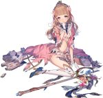  1girl artist_request bangs blue_eyes blue_ribbon blunt_bangs breasts chateau_de_chenonceau_(oshiro_project) cleavage crown dress flower full_body gloves hair_flower hair_ornament light_brown_hair mini_crown navel official_art oshiro_project oshiro_project_re pink_dress ribbon sitting solo spread_legs staff torn_clothes transparent_background wavy_hair white_gloves 
