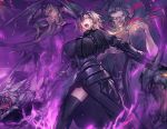  &gt;:o 1boy 1girl :o armor armored_dress black_dress black_legwear blonde_hair book breasts capelet caster_(fate/zero) chains cowboy_shot dragon dress fate/grand_order fate_(series) faulds fire gauntlets grin headpiece jeanne_alter large_breasts looking_at_viewer melon22 open_book open_mouth purple_fire ruler_(fate/apocrypha) smile thigh-highs yellow_eyes 