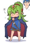  1boy 1girl blue_eyes chiki cosplay fire_emblem fire_emblem:_kakusei fire_emblem:_mystery_of_the_emblem green_hair kara_age lucina lucina_(cosplay) marth no_pants open_mouth pointy_ears simple_background 