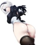  1girl ass black_gloves black_hairband black_legwear blindfold breasts covered_eyes facing_viewer feather-trimmed_sleeves gloves hairband highres leotard long_sleeves medium_breasts mole mole_under_mouth nier_(series) nier_automata short_hair simple_background solo thigh-highs tomohiro_kai white_background white_hair white_leotard yorha_no._2_type_b 