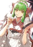  1girl alternate_costume alternate_hairstyle apron backlighting bangs blurry blurry_background bow c.c. code_geass commentary_request creayus cup day drinking drinking_glass dutch_angle enmaided eyebrows_visible_through_hair frilled_sleeves frills green_hair hair_bow hair_rings holding holding_drinking_glass holding_tray ice ice_cube japanese_clothes kimono long_hair long_sleeves looking_at_viewer maid maid_headdress short_hair solo sunlight tray tsurime upper_body wa_maid waist_apron white_apron white_bow wide_sleeves yellow_eyes 