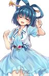  1girl :d bangs blue_dress blue_eyes blue_hair blush cowboy_shot dress eyebrows_visible_through_hair hair_ornament hair_rings hairpin hand_up highres kaku_seiga looking_at_viewer open_mouth short_hair short_sleeves simple_background sleeveless smile solo touhou usotsuki_penta white_background 