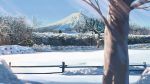  bare_tree blue_sky commentary_request day fence highres house mountain no_humans original scenery sky snow tree winter xi_chen_chen 