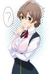  1girl ? ahoge blush breasts commentary_request frilled_sleeves frills green_eyes gustav_(telomere_na) highres idolmaster idolmaster_million_live! idolmaster_million_live!_theater_days light_brown_hair looking_at_viewer open_mouth sakuramori_kaori short_hair sketch solo spoken_question_mark tied_hair 