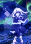  2girls absurdres blue_hair boots brown_eyes capelet eyebrows_visible_through_hair fate/kaleid_liner_prisma_illya fate_(series) floating_hair hair_between_eyes hands_clasped highres illyasviel_von_einzbern long_hair looking_at_viewer miyu_edelfelt multiple_girls neck_ribbon night outdoors purple_ribbon ribbon santa_boots silver_hair sky snowing standing star_(sky) starry_sky white_boots 