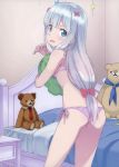  1girl absurdres ass bangs bedroom bikini blue_eyes blush bow breasts contrapposto cover cover_page cowboy_shot doujin_cover eromanga_sensei from_behind gradient_hair hair_bow hand_up highres indoors izumi_sagiri kanzaki_hiro long_hair looking_at_viewer looking_back low-tied_long_hair multicolored_hair object_hug open_mouth parted_lips pink_bikini pink_bow pink_hair purple_bikini scan side-tie_bikini sideboob sidelocks silver_hair small_breasts solo stuffed_animal stuffed_octopus stuffed_toy swimsuit tareme teddy_bear thighs two-tone_hair 
