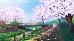  blue_sky building cherry_blossoms city clouds day fence grass naohiro no_humans outdoors path plant river road scenery sky stairs tree 